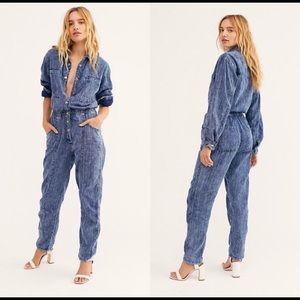 Free People coveralls stripped denim jumpsuit